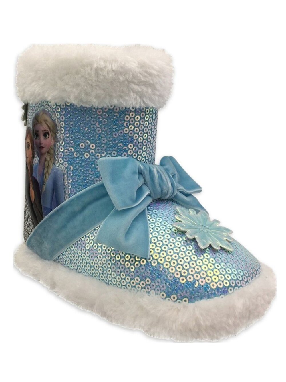 Disney Frozen Kids Size 7-8 Bootie Slippers With Sparkly Sequins & Faux Fur Cuff